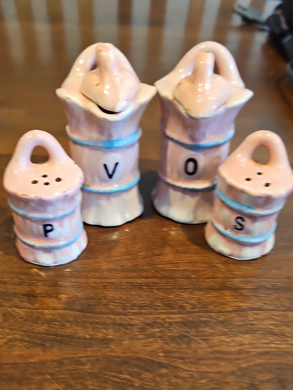 Source Unknown Pink and Blue Ceramic Salt, Pepper, Oil & Vinegar Set